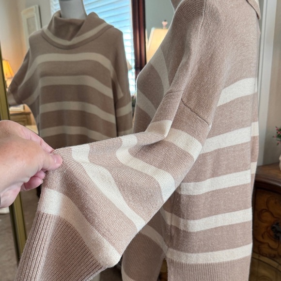 Luxe Cream and Tan Striped Cowl Neck Sweater - Picture 5 of 10